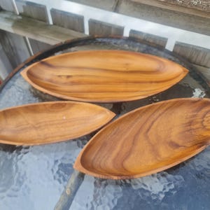 Set of 3 Vintage Danish Teak Serving Bowls Boat Shaped Scandinavian Modern Mid-Century Organic Design 1960s