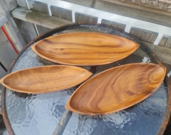 Set of 3 Vintage Danish Teak Serving Bowls Boat Shaped Scandinavian Modern Mid-Century Organic Design 1960s