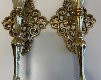 Vintage Metal Gold Wall Sconces Pair of Solid Wall Candle Holders Filigree Design Unique Metal Wall Decor