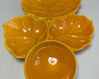 Vintage USA Chip and Dip Platter Yellow Chip and Dip Ceramic Dish Mid Century Modern Kitchenware