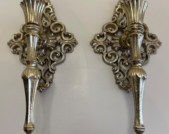 Vintage Metal Gold Colored Wall Sconces Pair of Solid Wall Candle Holders Filigree Design