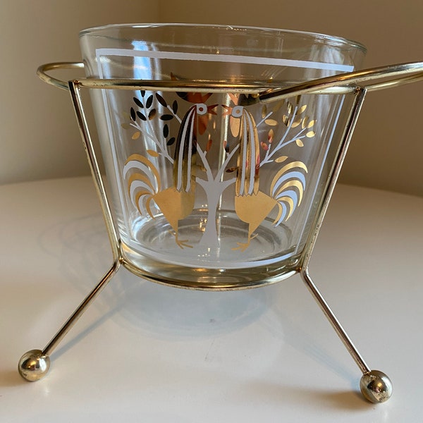 Vintage MCM Glass Ice Bucket with stand, Rooster Design