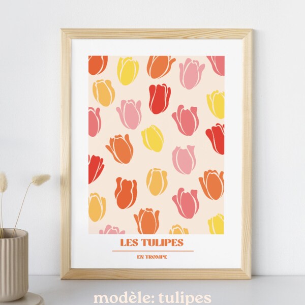 Poster / Affiche imprimée - pastel fleurs abstrait esthétique mural art simple lignes tulipes marguerites