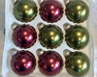 Set of Nine Vintage Martha Stewart Christmas Tree Bulbs - Green and Burgundy