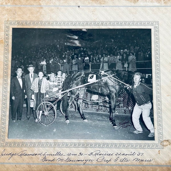 Vintage Harness racing photo, Horse number 4 along with his driver and owner.