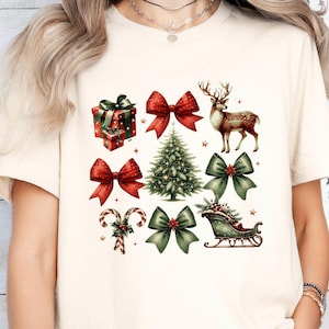 Christmas Coquette Bow T Shirt, Christmas Tree Shirt, Aesthetic Christmas Shirt,Girly Christmas Gift,Christmas Deer Shirt, Secret Santa Gift
