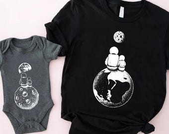 Moon and Astronaut Dad Son or Daughter Space T-shirt, Matching Gifts for Fathers Day, Daddy and Me Space Shirt, Dad Baby Son Astronaut Shirt