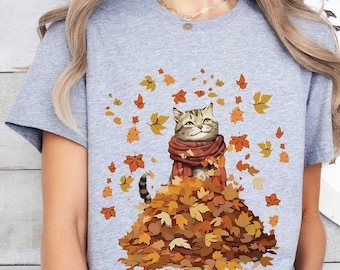 Fall Cat Shirt,Cat Fall Leaves Tshirt,Cats Autumn Fall Shirt,Cat Lover Women Fall Gifts,Thanksgiving Shirt,Happy Fall Cat Tee,Fall Vibes Cat