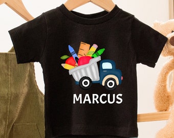 Custom Name Dump Truck T-Shirt,Personalized School Supplies T-Shirt For Kids,Boys Back to School Gift,Construction Tee,1st Day of School Tee