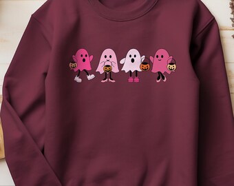 Pink Ghost Sweatshirt, Cute Pink Ghosts Girls Halloween Costume, Spooky Season Gift for Her, Pink in Halloween, Breast Cancer Awareness Gift