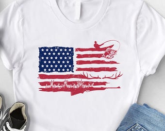 Dad Fishing Shirt,Dad Hunting American Flag Tee,Hunter and Fisher Flag Shirt,Hunting Lover Gift,USA Fishing T-Shirt,Gift for Dad,Camping Tee