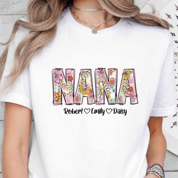 Floral Nana T-Shirt,Nana Flower Shirt with Kids Names,Personalized  Nana Gift from Grandkids,Mothers Day Gift,Grandma Bday Gift,New Nana Tee