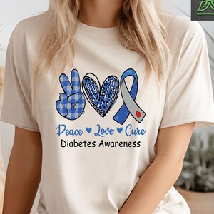 Peace Love Cure Diabetes Awareness T-Shirt, Diabetes Blue Ribbon Women Shirt,Diabetic Fighters Tee, Diabetes Warrior Mom Gift,T1D T2D Tshirt