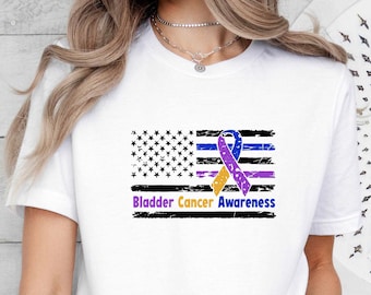 Bladder Cancer Awareness American USA Flag Shirt,Bladder Cancer Gift,Blue Yellow Purple Cancer Ribbon Tee,Cancer Survivor Gif,Cancer Warrior