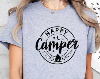 May include: Gray t-shirt with a black circle graphic that says "Happy Camper" with a moon, stars, and a campfire inside the circle.