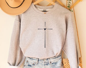 Vertical Cross Embroidered Sweatshirt,Christian Women Sweater,Cross with Heart Embroidery Tee, Jesus Clothing, Religious Mom Gift,Faith Gift