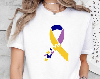 Blue Yellow Purple Ribbon T shirt,Bladder Cancer Shirt, Bladder Cancer Gift, Cancer Awareness Tee, Cancer Support Shirt, Cancer Warrior Gift