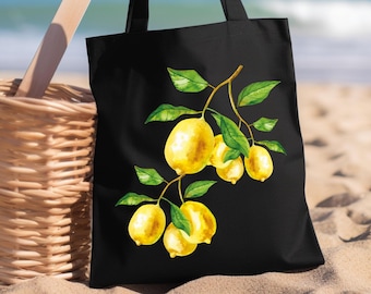 Yellow Lemon Tote Bag,Lemons Canvas Totebag,Lemon Branch,Lemon Beach Gift,Lemon Summer Tote,Lemon Lady Women Christmas Gift,Yellow Fruit Bag