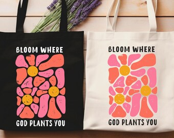 Christian Tote Bag,Boho Wildflower Canvas Totes,Church Totebag,Bloom Where God Plants You,Inspirational Gardening Tote, Women Christmas Gift