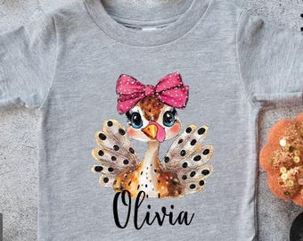 Custom Turkey Thanksgiving Shirt for Kids, Girls Thanksgiving Custom Name Toddler Gift Tee,Fall Turkey Shirt,Coquette Bow Girly Turkey Shirt