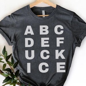 May include: Dark gray t-shirt with the words "ABC DEF UCK ICE" printed in white block letters. The shirt is hanging on a wooden hanger. A sprig of greenery is placed on the bottom left of the shirt.