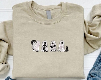 Embroidered Ghost with Cats Sweatshirt,Cute Ghost Black Cats Halloween Embroidery Sweater,Spooky Season Cat Mom Fall Sweater, Cat Lover Gift