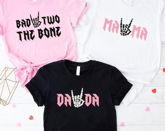 Bad Two the Bone Birthday Family Matching Shirt,2nd Birthday Party Outfit,Rock N Roll Skeleton Hand Birthday Theme Tee,Two Year Old Girl Tee