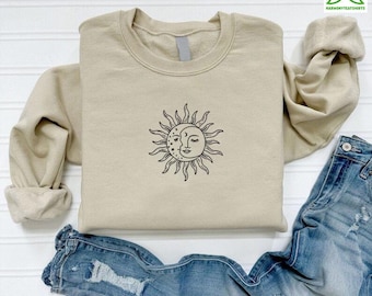 Embroidered Sun Moon Face Sweatshirt, Bohemian Mystical Sun and Moon Sweater,Spiritual Women Embroidery Clothing,Astrology Xmas Gift for Her