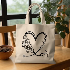 Personalized Nurse Stethoscope Floral Heart Canvas Totebag,Nurse Appreciation Gift, Future Nursing Student Graduation Gift,Cna Nurse,RN Tote