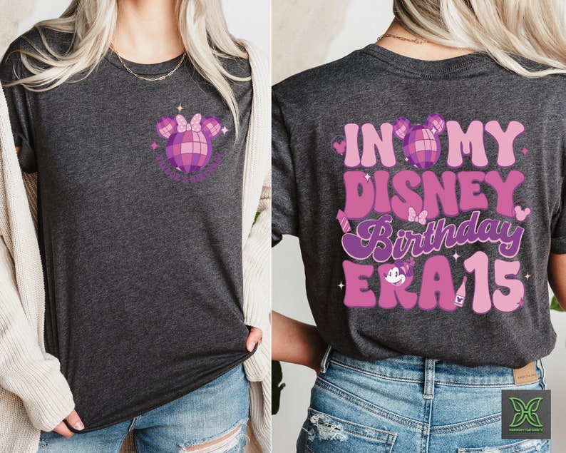 a woman wearing a shirt that says in my disney birthday era
