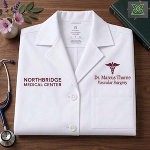 May include: A white lab coat with a notched collar and two buttons. The left side features the text NORTHBRIDGE MEDICAL CENTER. The right side displays a caduceus symbol above the text Dr. Marcus Thorne Vascular Surgery. A chest pocket is present.