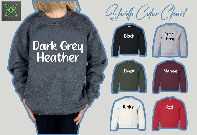 Może przedstawiać: Prezentowana jest ciemnoszara bluza z kapturem z wrzosu z napisem "Dark Grey Heather" w kolorze białym. Obraz przedstawia r&oacute;wnież tabelę kolor&oacute;w dla młodzieży z bluzami w kolorze czarnym, sportowym szarym, leśnym zielonym, bordowym, białym i czerwonym.