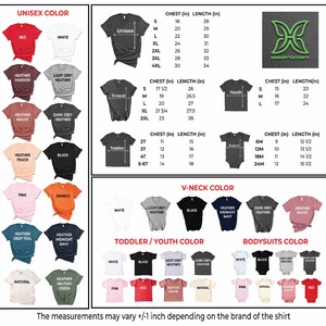 May include: A detailed chart displaying t-shirt color options and size measurements in inches. Unisex, V-neck, toddler, youth, and bodysuit styles are shown. Colors include red, white, black, and various heather shades. The text "HARMONYTEATSHIRTS" is also visible.