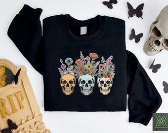 Bloom Skull Sweater,Bloom Flower Sugar Skulls Sweater,Floral Skull Boho Graphic Tee, Womens Fall Gift,Flower Skeleton TShirt,Skeleton Blooms