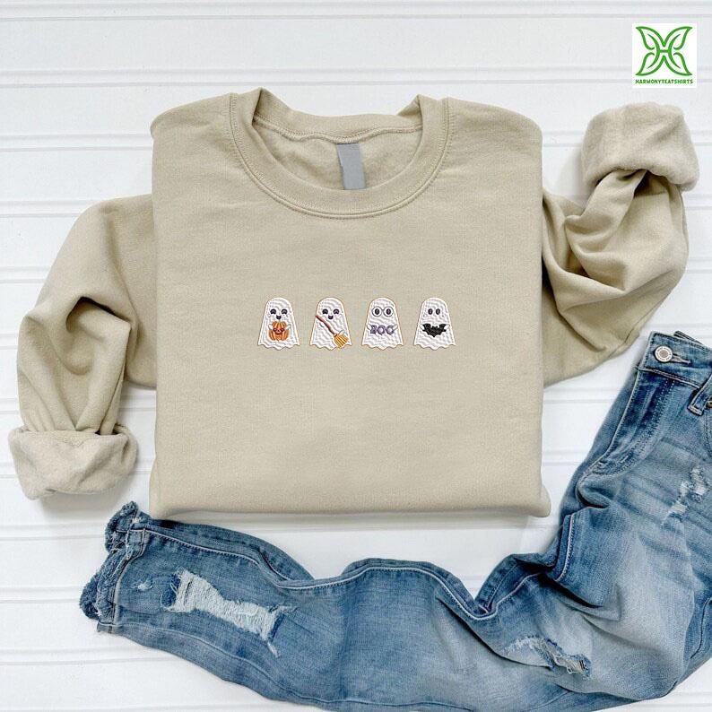 Embroidered Cute Ghosts Sweatshirt,embroidery Halloween Ghost Tee ...
