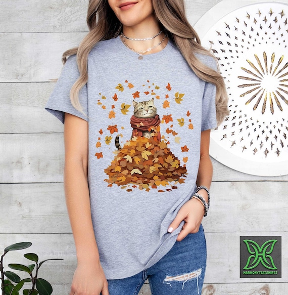 Fall Cat Shirt,Cat Fall Leaves Tshirt,Cats Autumn Fall Shirt,Cat Lover Women Fall Gifts,Thanksgiving Shirt,Happy Fall Cat Tee,Fall Vibes Cat