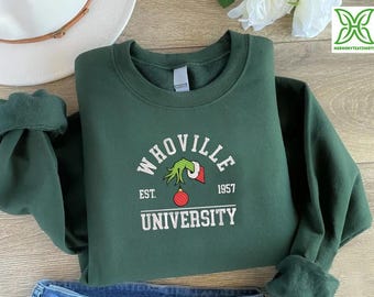 Whoville University Embroidered Sweatshirt,Christmas Crewneck,Grinch University Embroidery Sweater,Grinchmas Sweatshirt,Funny Christmas Gift