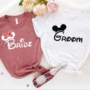Custom Disney Bride and Groom Couples Matching Shirt, Minnie Bride, Mickey Groom, Disneyland Honeymoon Trip Shirt ,Disney Wedding Party Gift