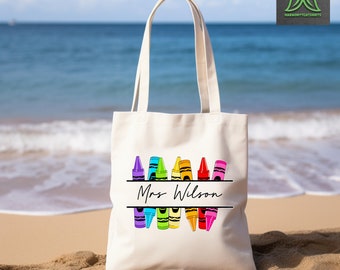 Custom Name Crayon Tote Bag, Personalized Teacher Tote Bag,Kindergarten Teacher Gift,Back to School Gift,Last Day Of School Canvas Tote Gift