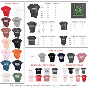 May include: A graphic displaying t-shirt styles, colours, and size charts. Unisex, V-neck, toddler, youth, and bodysuit styles are shown. Colours include red, white, black, and heather grey. Measurements are in inches, with chest sizes from 18 to 30 inches.