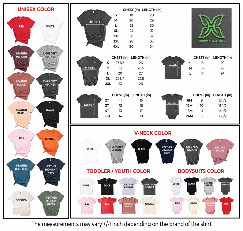 May include: A graphic displaying t-shirt styles, colours, and size charts. Unisex, V-neck, toddler, youth, and bodysuit styles are shown. Colours include red, white, black, and heather grey. Measurements are in inches, with chest sizes from 18 to 30 inches.