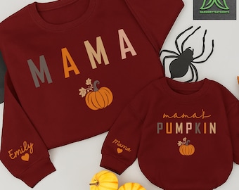 Custom Mama and Mamas Pumpkin Fall Sweatshirts with Name on Sleeve,Mommy and Me Matching Pumpkin Season Thanksgiving Gift,Fall Family Outfit