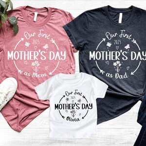 Our First Mother's Day As Family Shirts, Personalized Name Mom Dad Baby Matching Gifts for 1st Mothers Day 2026, New Parents and Baby Outfit