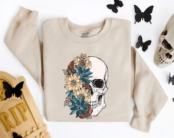 Bloom Skull Sweatshirt,Floral Sugar Skull Sweater, Halloween sweatshirt,Boho Womens Fall Sweater,Flower Skeleton Shirt,Skeleton Gift for Her