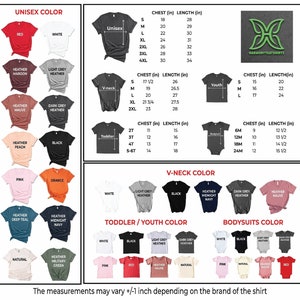 Puede incluir: Una tabla que muestra opciones de color y medidas de tallas de camisetas. Los colores incluyen rojo, blanco, negro y varios tonos jaspeados. Las medidas est&aacute;n en pulgadas para estilos unisex, cuello en V, ni&ntilde;o peque&ntilde;o, juvenil y body.