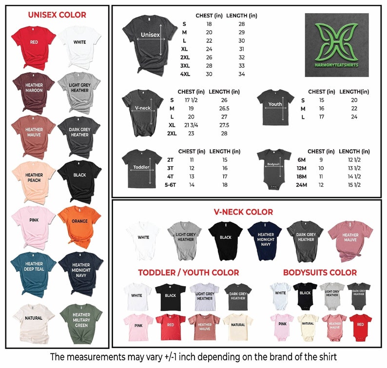 Puede incluir: Una tabla que muestra opciones de color y medidas de tallas de camisetas. Los colores incluyen rojo, blanco, negro y varios tonos jaspeados. Las medidas est&aacute;n en pulgadas para estilos unisex, cuello en V, ni&ntilde;o peque&ntilde;o, juvenil y body.