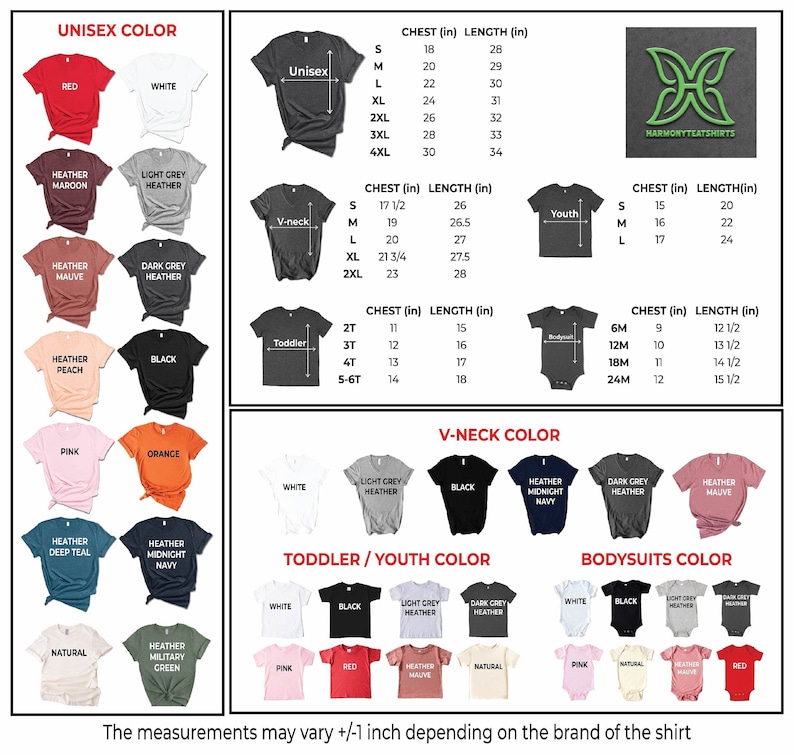 Peut inclure: Tableau des couleurs et des tailles de t-shirts pour hommes et femmes, enfants et b&eacute;b&eacute;s. Les couleurs incluent le rouge, le blanc et des tons chin&eacute;s. Les mesures sont en pouces. Le texte indique que les mesures peuvent varier.