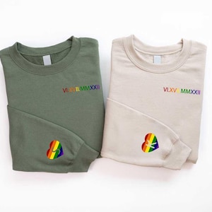 Personalize Rainbow Hearts on Sleeve & Roman Numeral Anniversary Date LGBTQ+ Pride Wedding Sweatshirt,LGBT Lesbian Gay Couples Matching Gift