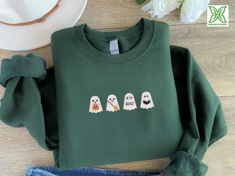 Embroidered Cute Ghosts Sweatshirt,embroidery Halloween Ghost Tee ...