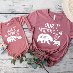 Bear Mom and Baby Our 1st Mother's Day Matching Tees, Custom Name Mama and Baby Bear Shirt,Funny First Mothers Day Gift,Mommy and Me Outfits